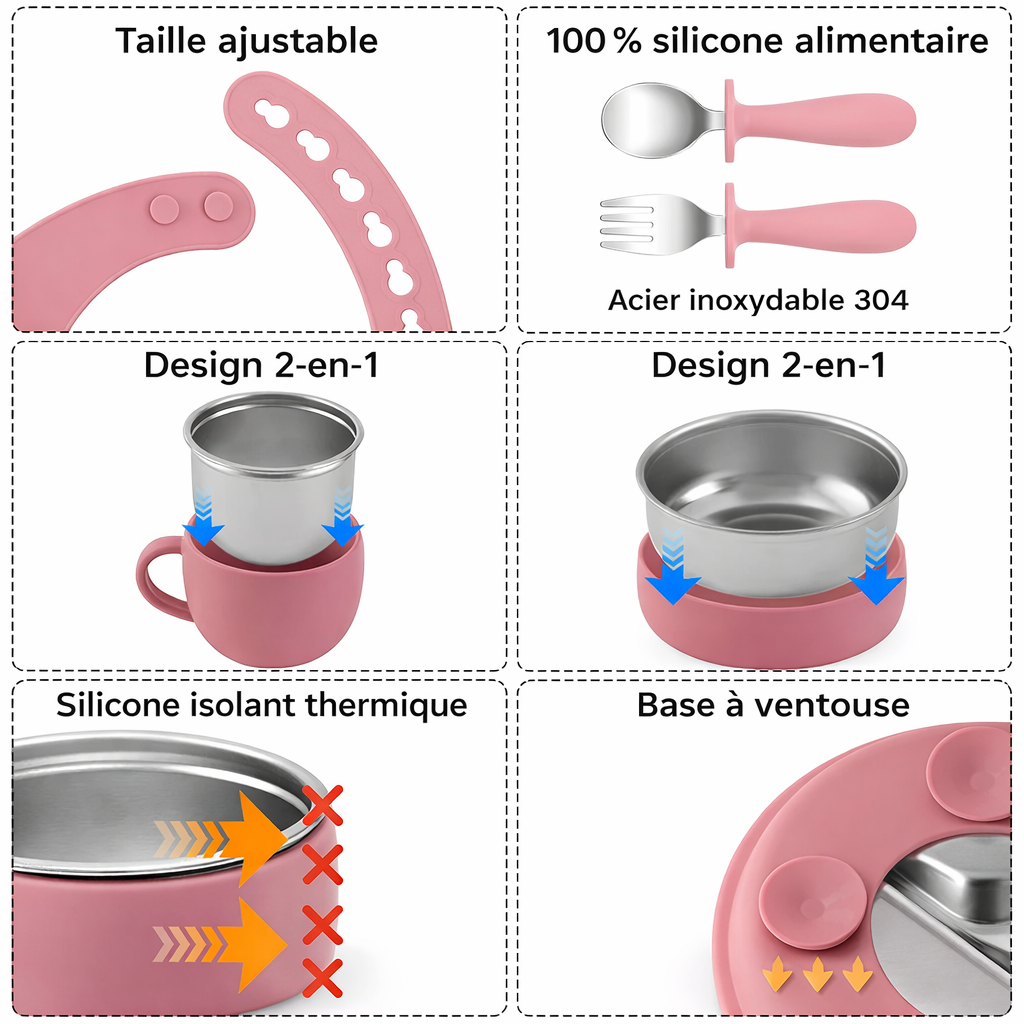Set d'alimentation 7 pièces  (acier inoxydable et Silicone)